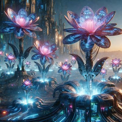 The primary subject of the image is a large blue flower with pink petals, surrounded by several smaller blue flowers. The setting is a futuristic environment, possibly a space station or a digital artwork. The visual style is a combination of digital art and illustration, creating a vibrant and colorful atmosphere. The dominant colors are blue and pink, with the blue flowers being the main focus of the image.